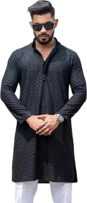 RS ENTERPRISES Men Self Design Straight Kurta(Black)
