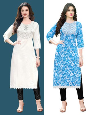 LGH Women Printed A-line Kurta(White, Blue)