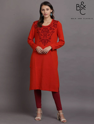 BOLD AND CLASSIC Women Embroidered Straight Kurta(Orange)
