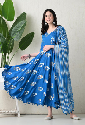 AO services Women Printed Anarkali Kurta(Blue)