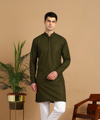 FUBAR Men Chikan Embroidery Straight Kurta(Dark Green)