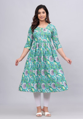 Mahruchi Textile Women Block Print Flared Kurta(Light Blue)