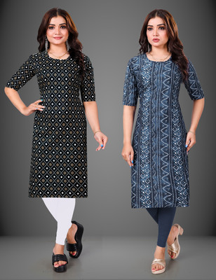 MOBHISA Women Printed Straight Kurta(Multicolor)