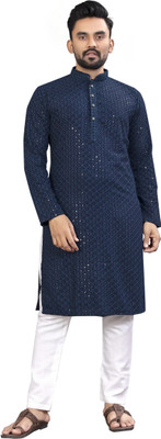 Dream Clouds Men Embroidered Straight Kurta(Dark Blue)