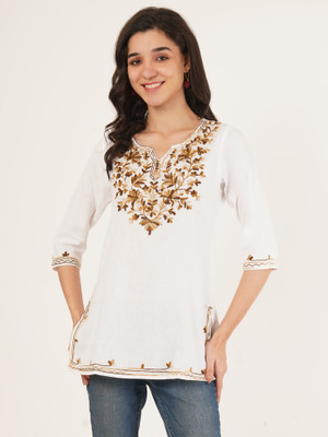 Roseverse Casual Embroidered Women White Top