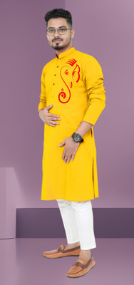 Hoodler Fab Men Printed Straight Kurta(Yellow)