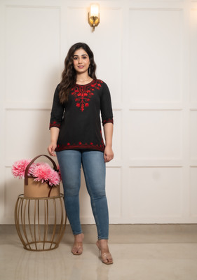 Andheriyas Collection Women Embroidered Straight Kurta(Black)