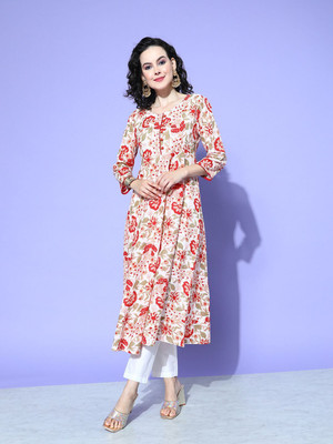 all about you Women Printed Anarkali Kurta(White, Red)