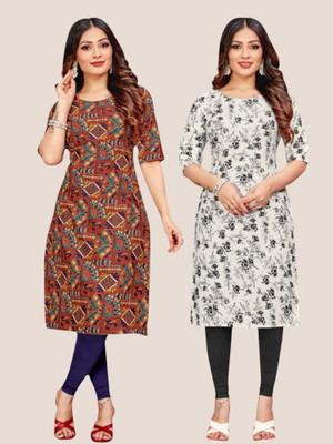 HouseOfCommon Women Printed Straight Kurta(Brown, White)