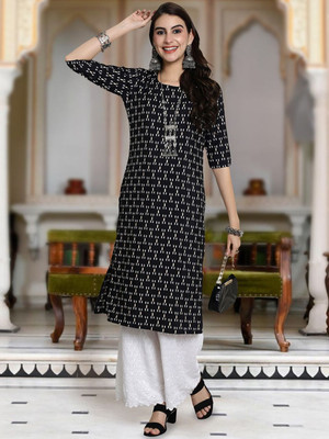 Moda Rapido Women Geometric Print Straight Kurta(Black)