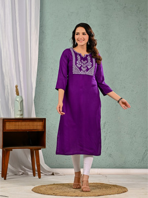 Ramkudi Women Embellished Straight Kurta(Purple)