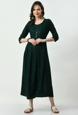 S MAJIDA Women Embroidered A-line Kurta(Dark Green)