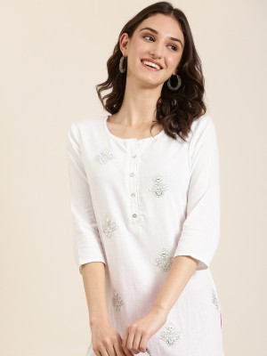 Showoff Women Embroidered Straight Kurta(White)