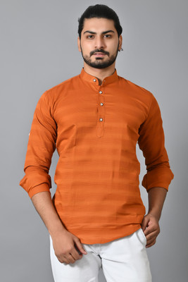 PROTOZONE Men Self Design, Solid Straight Kurta(Orange)