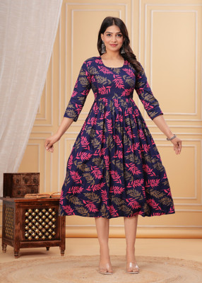 BAKNAD Women Floral Print Anarkali Kurta(Blue)