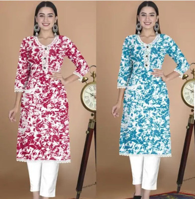 GS Attire Women Printed Straight Kurta(Maroon, Blue)