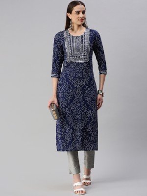 kipek Women Embroidered Straight Kurta(Dark Blue)