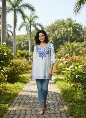 BANSII DHUN Women Embroidered Straight Kurta(White, Blue)