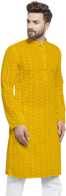Rati International Men Chikan Embroidery Straight Kurta(Yellow)