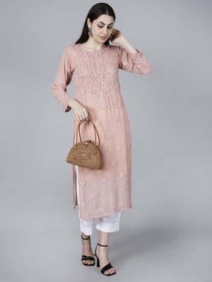 The Chikankari Story Women Chikan Embroidery Straight Kurta(Pink)