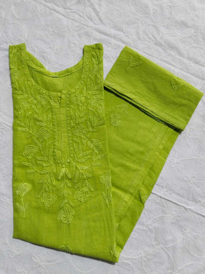 Adab chikan handicraft Women Embroidered A-line Kurta(Green)