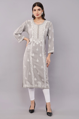 Savi Chikankari Art Women Chikan Embroidery Straight Kurta(Grey)