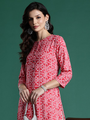 Indo Era Women Printed Straight Kurta(Red)