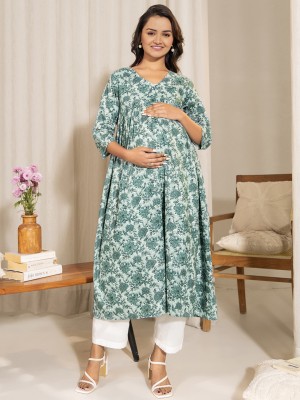 Janasya Women Floral Print A-line Kurta(Green)