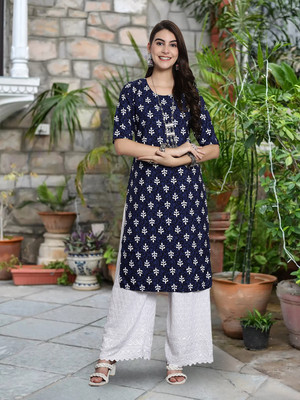 EthnicBasket Women Printed A-line Kurta(Blue, White)