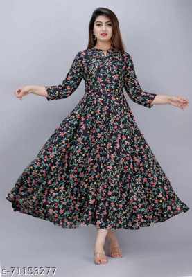Jaipur Couture Women Printed Flared Kurta(Black)