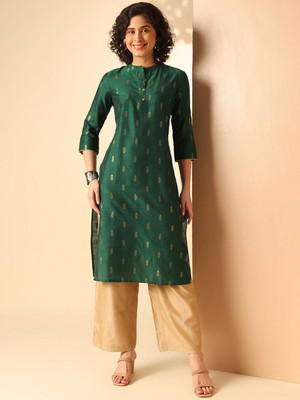 ANOUK Women Striped Straight Kurta(Green)