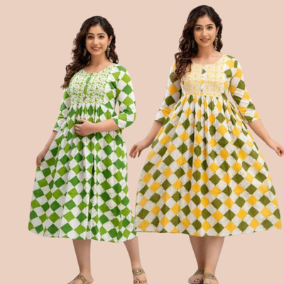 Priyas Creation Women Block Print, Printed Flared Kurta(Yellow)