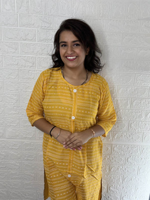 R CLOTHING STORE Women Abstract A-line Kurta(Yellow)