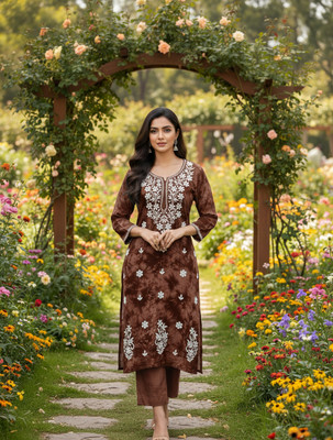 Shibra creation Women Dyed/Ombre, Embroidered A-line Kurta(Brown)