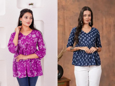 Now for you Women Floral Print Flared Kurta(Purple, Blue)