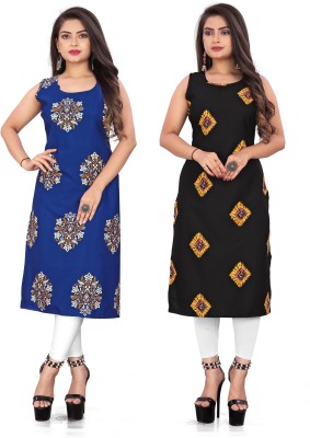 maruti fab Women Floral Print Straight Kurta(Blue, Black)