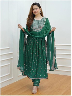 YanviEnterprise Women Embroidered Flared Kurta(Green)