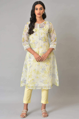 W Women Floral Print A-line Kurta(White)
