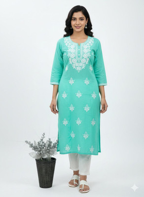 A to Z Women Embroidered Straight Kurta(Green)