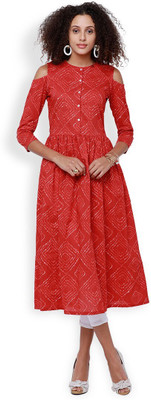 Vishudh Women Printed Flared Kurta(Orange)