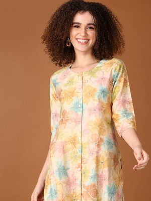 V-MART Women Printed A-line Kurta(Beige)