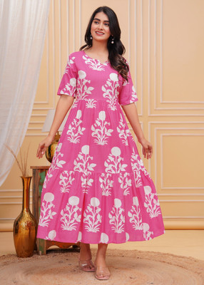 ISRANI Women Printed Anarkali Kurta(Pink)