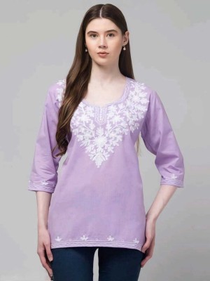 one amore Women Embroidered Straight Kurta(Purple)