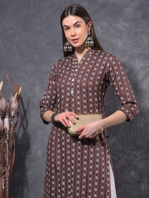 Mamoose Women Self Design Ethnic Dress Kurta(Brown, White)