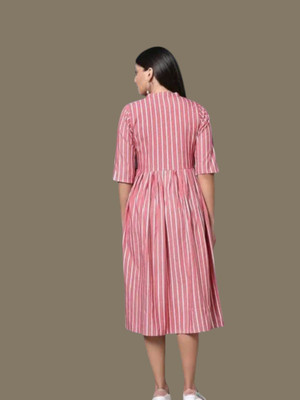 Houseofcommonv Women Striped A-line Kurta(Pink)