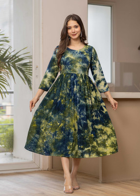 TANTANATAN Women Printed Anarkali Kurta(Dark Green)