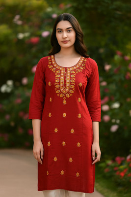 Badry Fashion Women Embroidered Straight Kurta(Red)