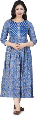 Jai Vijay Creations Women Printed Flared Kurta(Blue)
