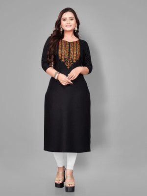 RIAANA Women Embroidered A-line Kurta(Black)