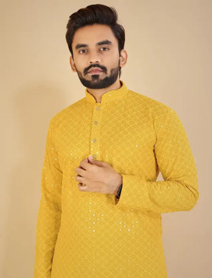 grantox Men Self Design, Embellished Straight Kurta(Yellow)